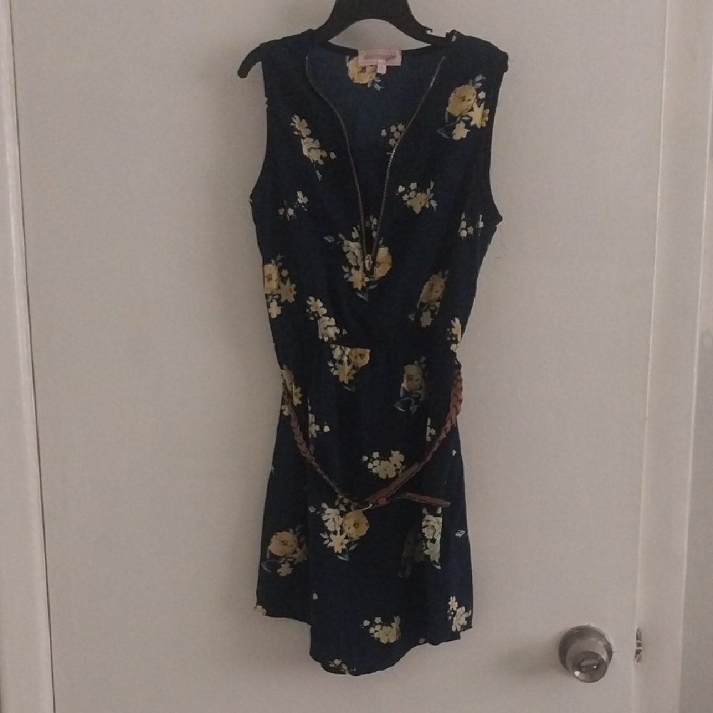 Stella Tweed Dark Blue Dress with Yellow Floral Pattern